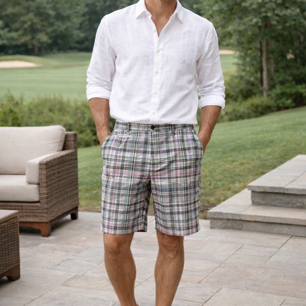 Tommy Bahama‎ Men's Size 40 Plaid Flat Front Shorts Tropical Leaf Casual Golf